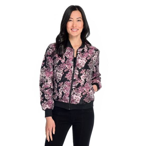 ModX Jacquard Floral Pink Black Mandarin Collar Zip Up Bomber Jacket Size L NWOT - Picture 1 of 7